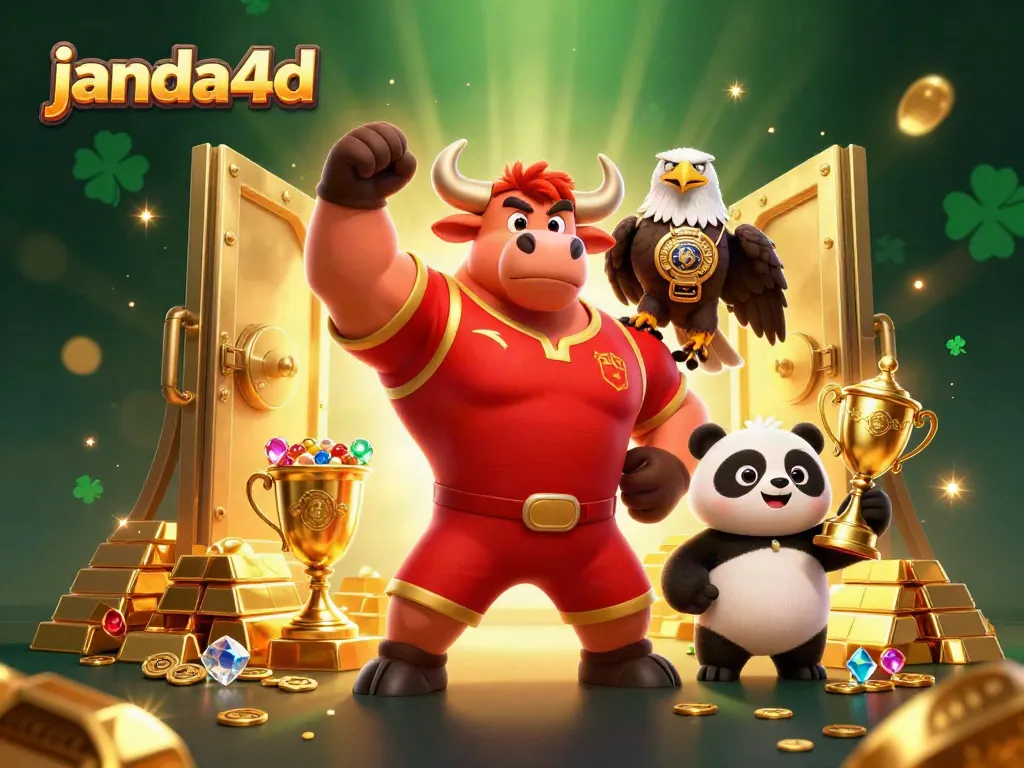 Janda4d menampilkan maskot banteng yang merayakan kemenangan dengan penghargaan dan harta berkilau di sekelilingnya.