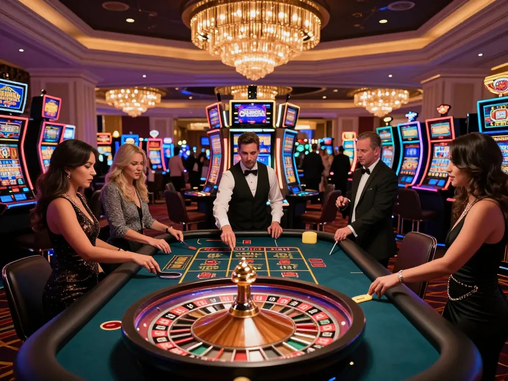 Sunwin players enthusiastically betting at an upscale roulette table in a vibrant Vegas casino.