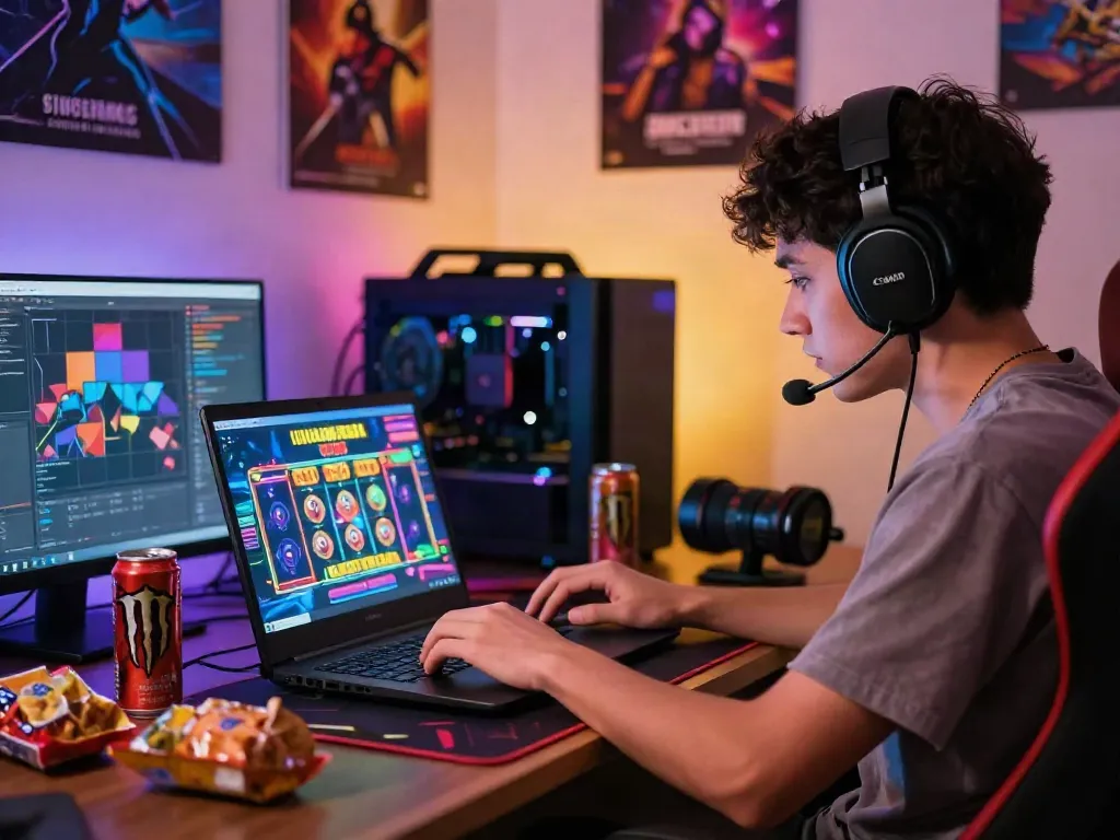 Player immersed in a slot gacor game, vibrant gaming setup with snacks and colorful graphics.