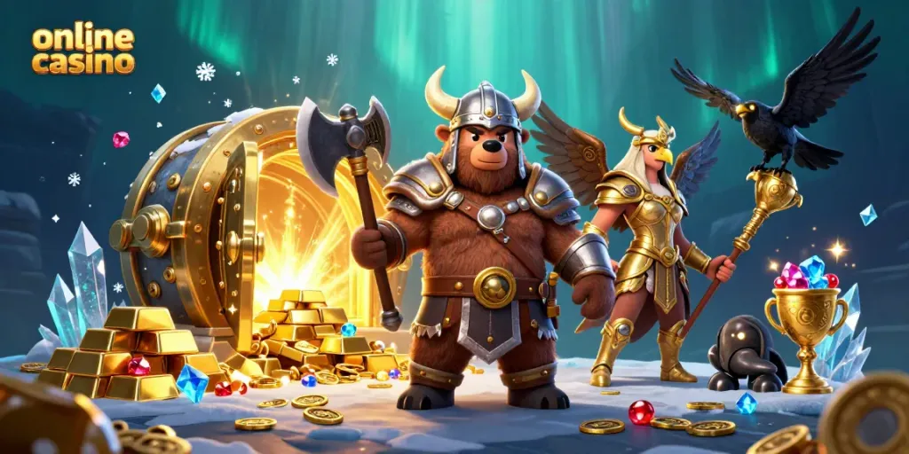 Experience excitement and adventure at an online casino with vibrant characters and treasures.