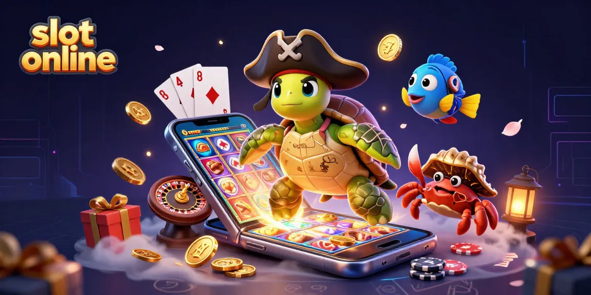 Mainkan slot online dengan karakter unik seperti kura-kura bajak laut dan kepiting, dikelilingi harta karun.