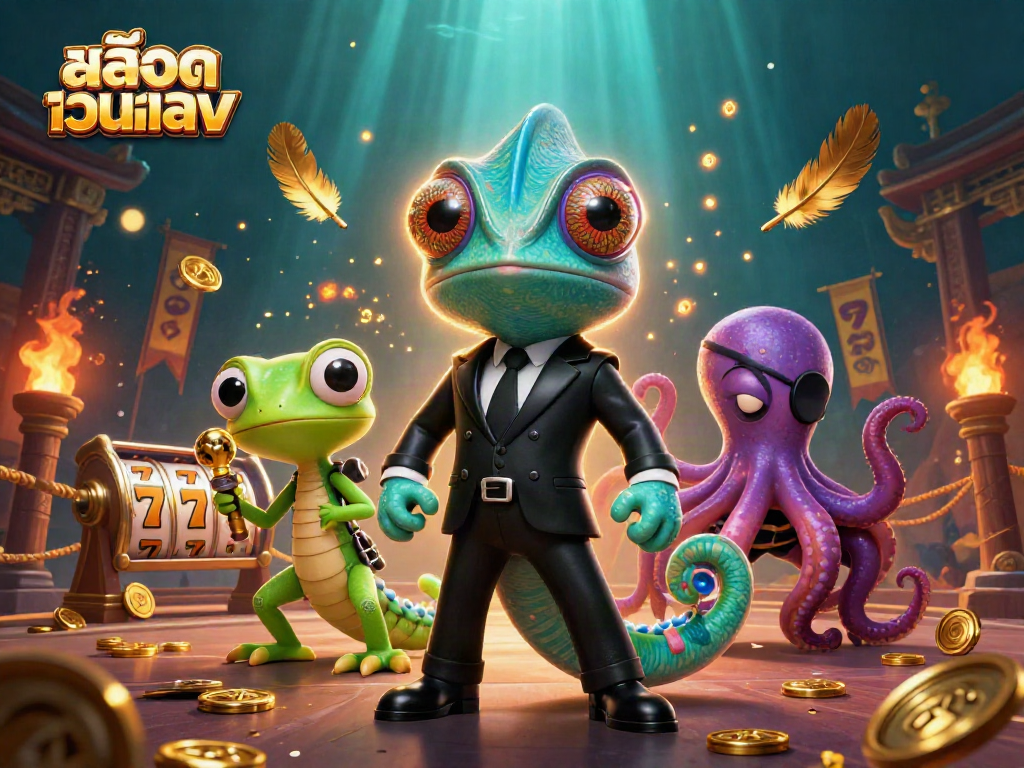 Engage with สล็อตเว็บตรง through this vibrant illustration showcasing a chameleon, gecko, and octopus in a dynamic casino setting.