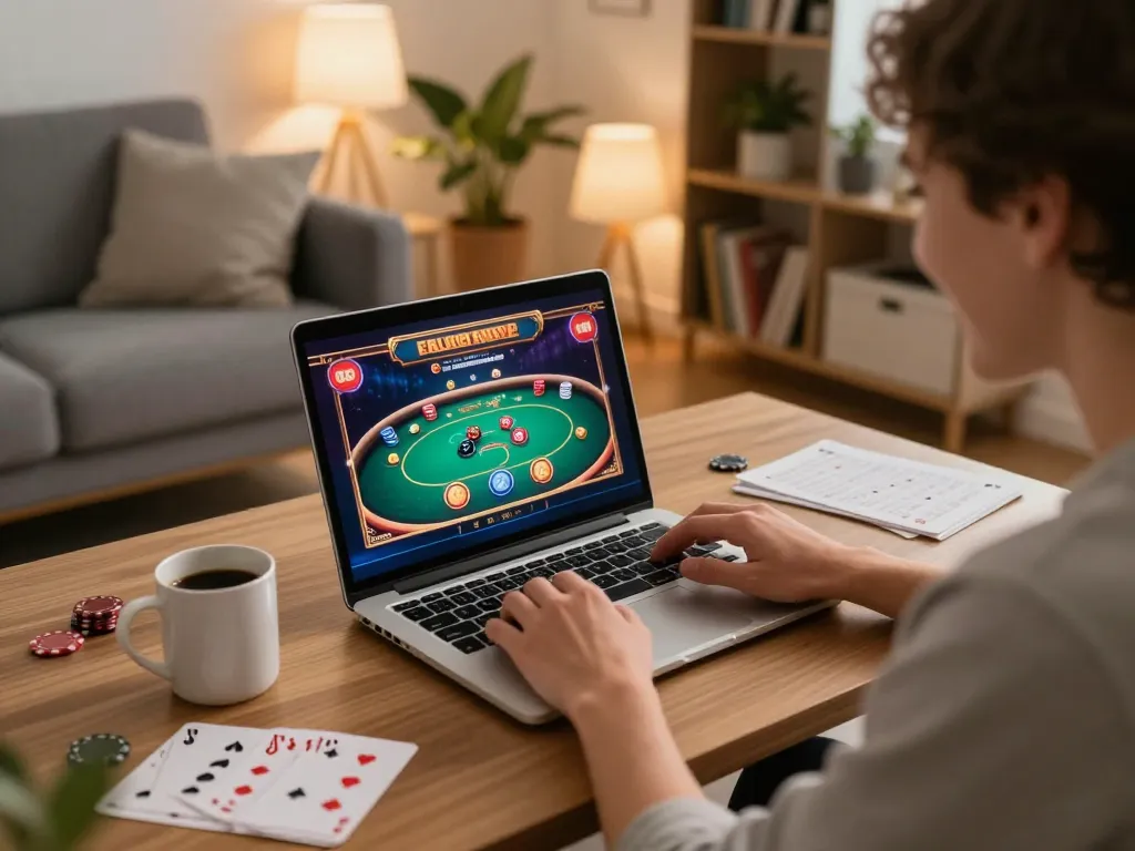 vin88 player engaged in online casino gaming from home with vibrant graphics and a cozy atmosphere