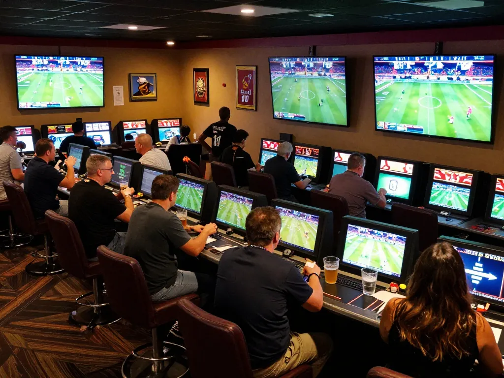 Go8 sports betting scene filled with enthusiastic patrons placing bets in a lively casino atmosphere