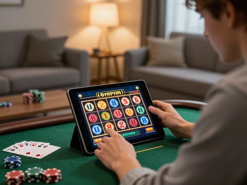 Pemain Pandawin menikmati grafis slot 3D di tablet dalam pengaturan permainan rumah yang nyaman.