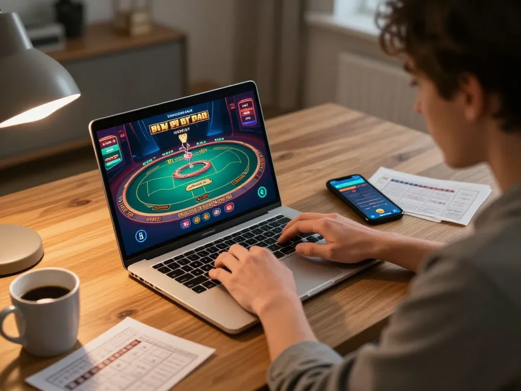 Person engaged in online gambling with 789F on laptop, focusing on a live dealer game.