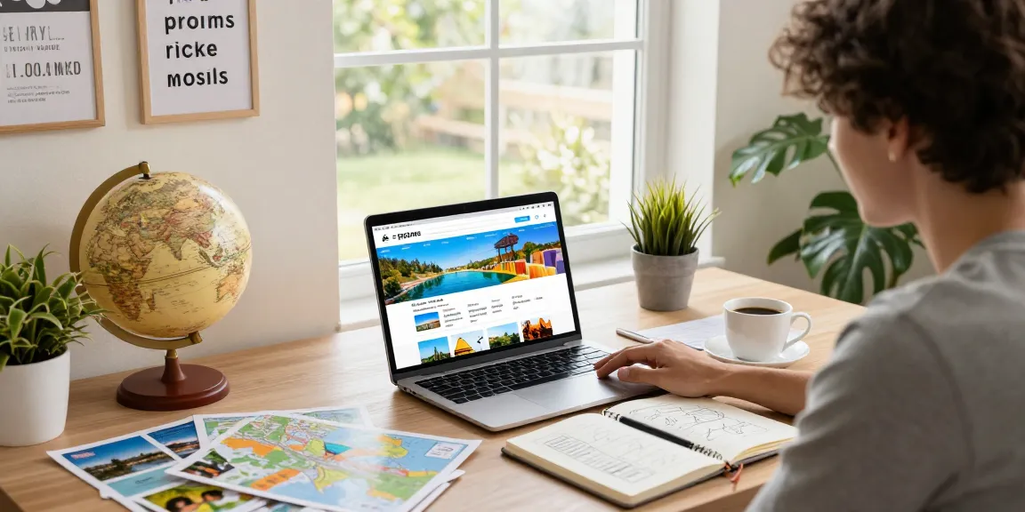 Perencanaan perjalanan di rumah dengan https://miami4d.com/ terbuka, peta dan brosur di meja kerja.