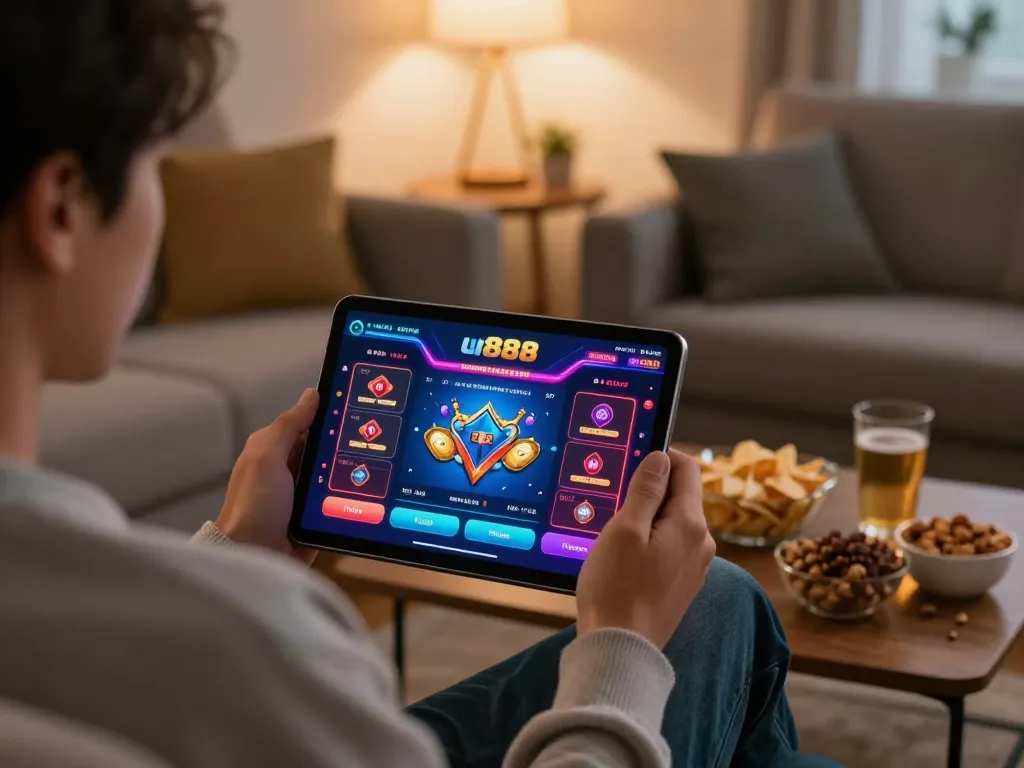 Engaging with the u888 casino app on a tablet at home, highlighting a comfortable gaming atmosphere.