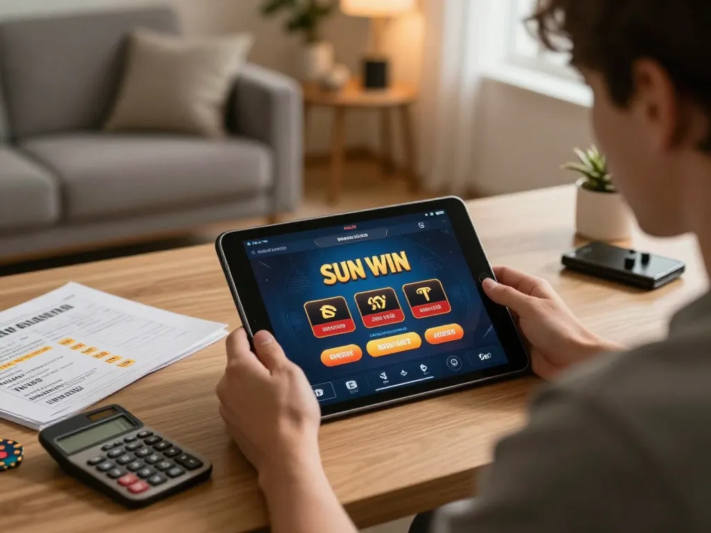 Player engaging in the Sun Win online casino app on a tablet in a cozy home setting.