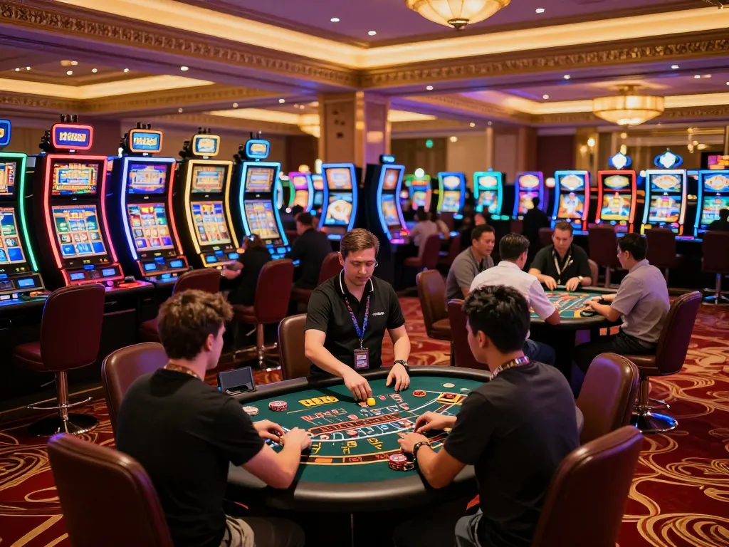 Players engaging with TR88 slot machines in a vibrant casino atmosphere, showcasing exciting gaming experiences