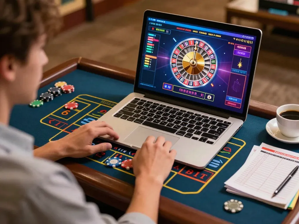 Player enjoying online gaming at nhà cái 5679, engaged with vibrant roulette interface on laptop.