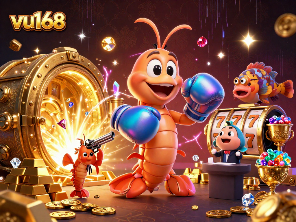Join the excitement of vu168 casino gaming with lively characters amidst treasures and slot action.