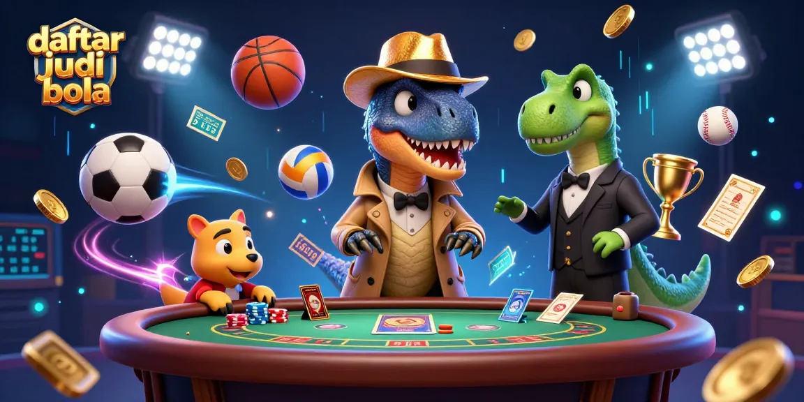 Engage with daftar judi bola in an exciting scene featuring a velociraptor card counter and sports elements.