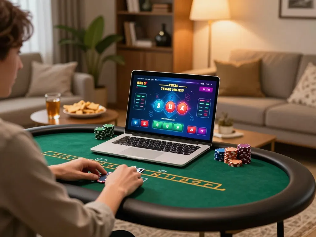 Engaging in online poker with MM88 at home, showcasing a cozy gaming setup and vibrant game interface.