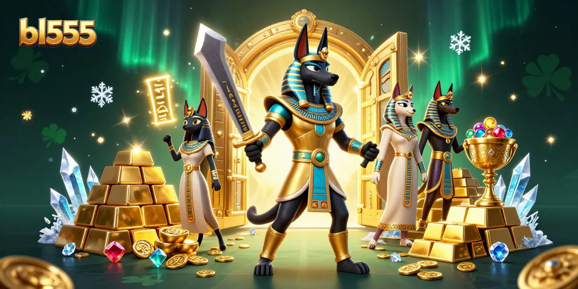Spin and win with bl555 in a lively 3D casino scene featuring Anubis and Bastet.