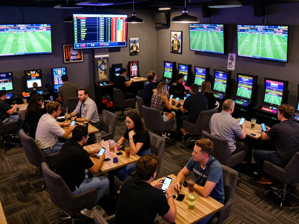Kèo nhà cái enthusiasts placing bets while analyzing live sports in an energetic betting lounge.