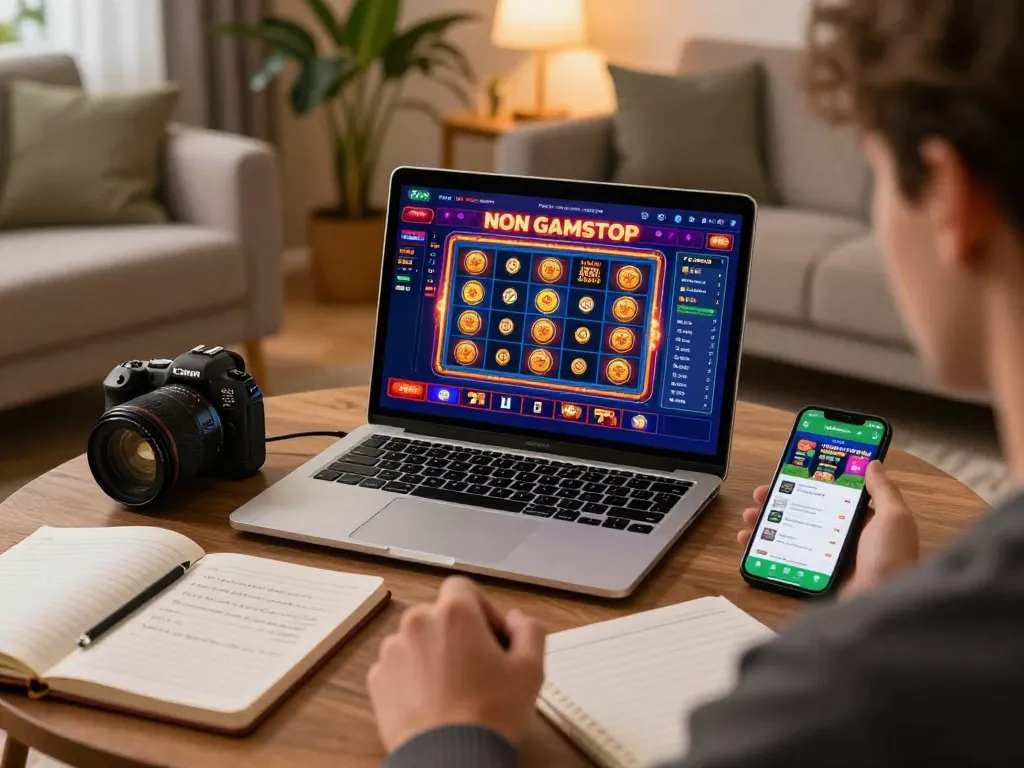 Player exploring non gamstop online slots on a laptop in a cozy home setting, strategic focus evident.