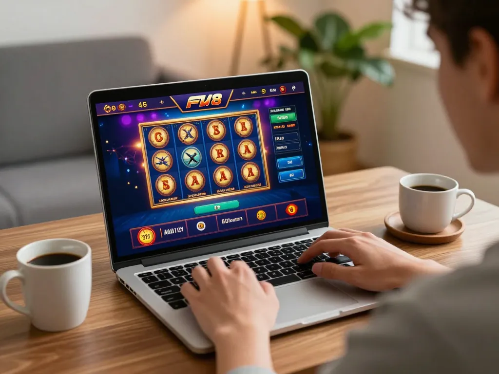 Player enjoys F168 online casino gaming on a laptop, showcasing vibrant game interface and strategic atmosphere.