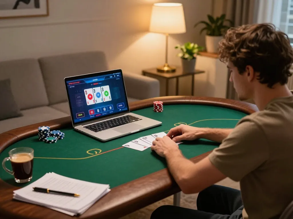 Player using laptop for online gambling at home, featuring 888New poker game interface, warm inviting atmosphere