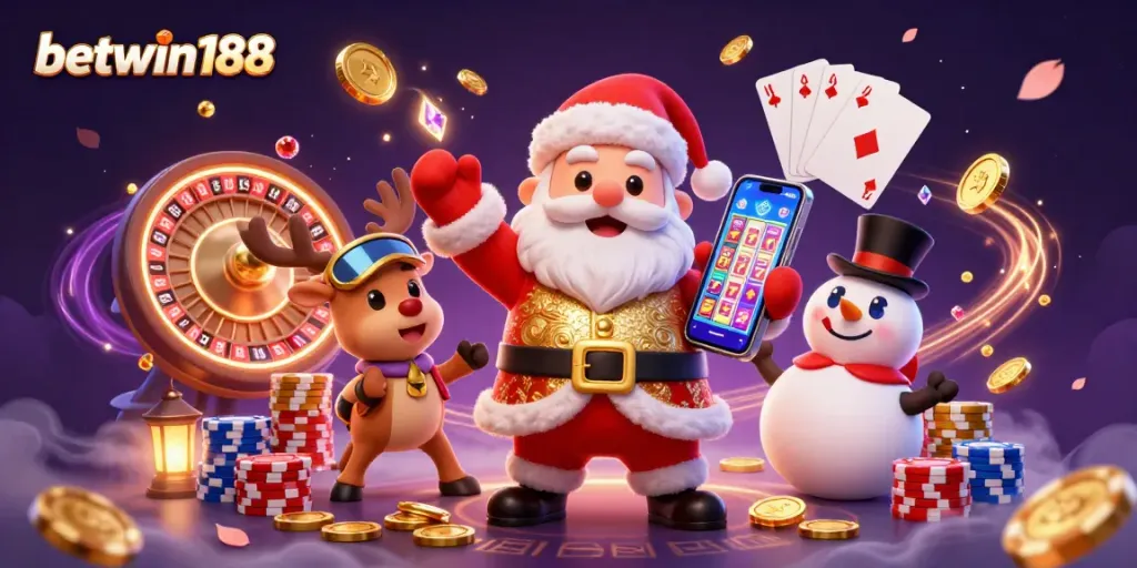 Spin the reels with betwin188 in a festive casino scene featuring Santa Claus!