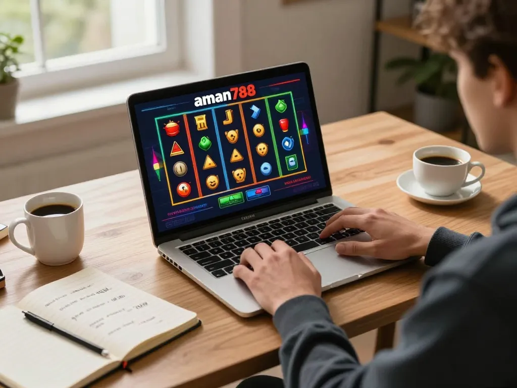 Seorang pemain menikmati aman788 slot online di rumah dengan suasana hangat dan strategi permainan yang ditampilkan.