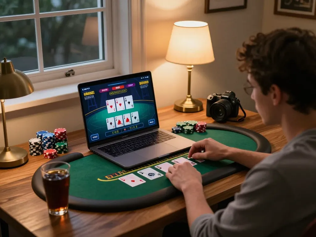 Engaging in a strategic blackjack game with KJC on a laptop at home, showcasing a personal gaming setup.