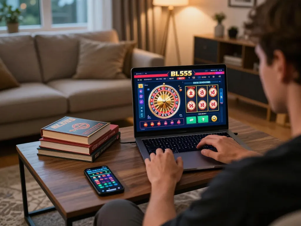 Player engaging with BL555 online casino, strategizing while enjoying the comfort of home gaming.