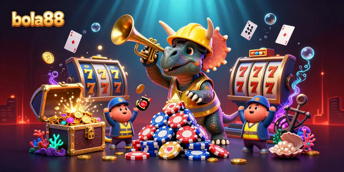 Bola88 players celebrate big wins as a triceratops builds poker chip pyramids amidst vibrant slot game elements.