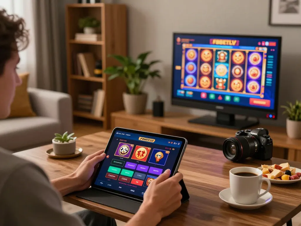 Engaging with F8BETLV casino app on a tablet in a cozy home setting.