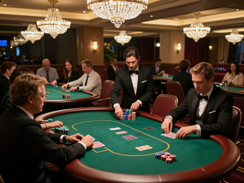 Go8 poker players engage at competitive tables amidst elegant casino ambiance, emphasizing strategy and gameplay.