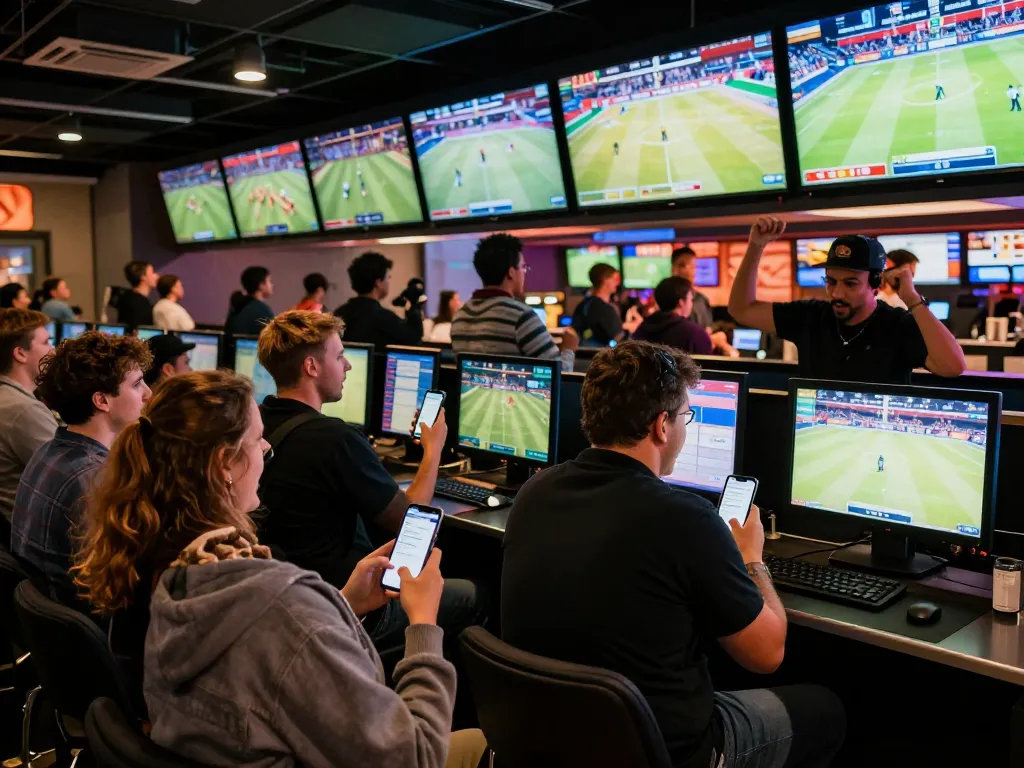 Sports fans engaging in betting strategies on their smartphones while watching live games at the sportsbook, promoting soi keo nha cai.