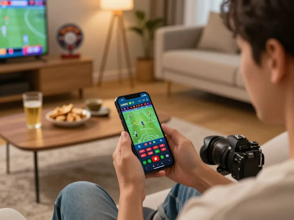 Melacak skor langsung di smartphone selama sesi taruhan olahraga di rumah, menyoroti keterlibatan strategis.