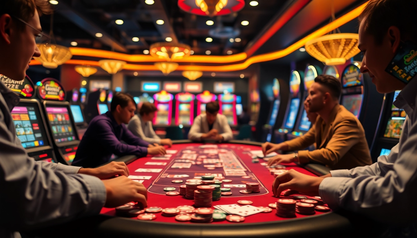 Spannende casino online spiele mit Spielern an einem Tisch und bunten Casino Chips.