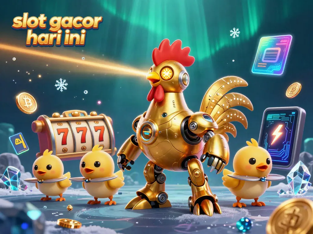 Gambar slot gacor hari ini menampilkan robot ayam futuristik dikelilingi simbol slot dan koin kripto.