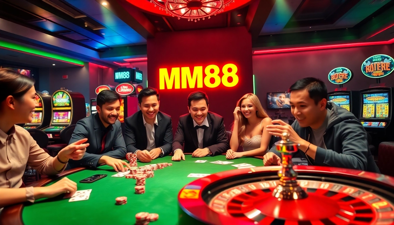 Excited players enjoying poker at MM88 casino, showcasing vibrant chips and cards.