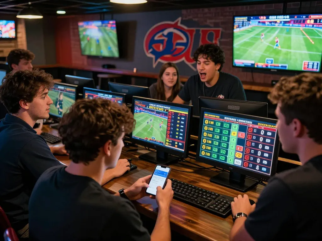 Exciting sports betting scene at open88 com with friends discussing strategies while placing bets.