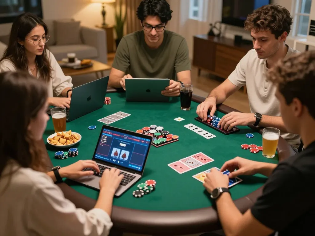 Participants engaging in game 88i session with poker chips and cards in a lively home environment