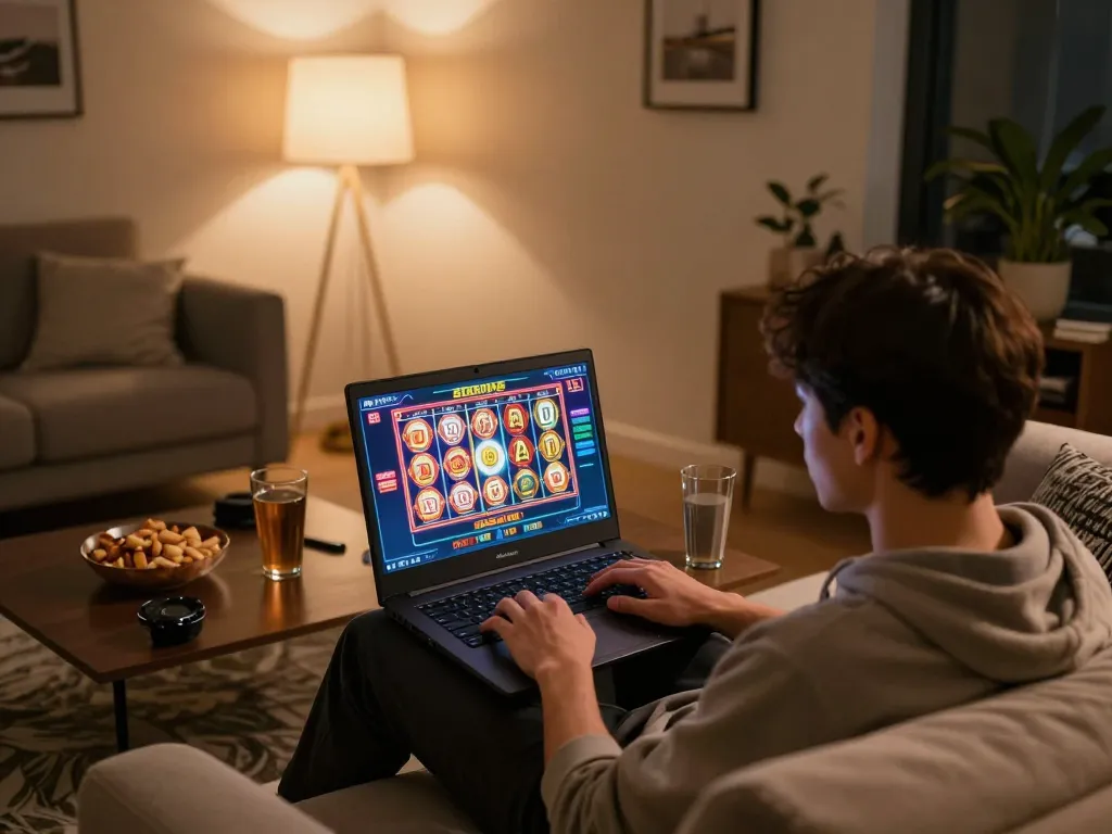 Player engaging with BK8 online slots in a cozy home setting, showcasing a modern gaming experience.