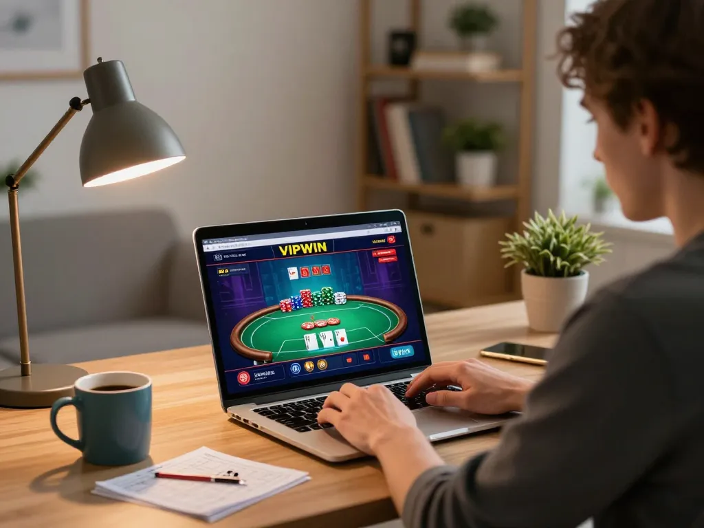 Player enjoying VIPWIN online poker, focusing on gameplay while managing strategy notes and coffee.