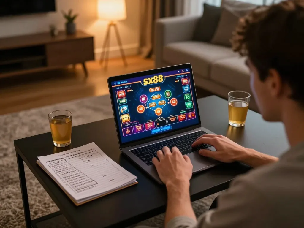 Player engages in sx88 online gaming, enjoying a strategic moment at home.