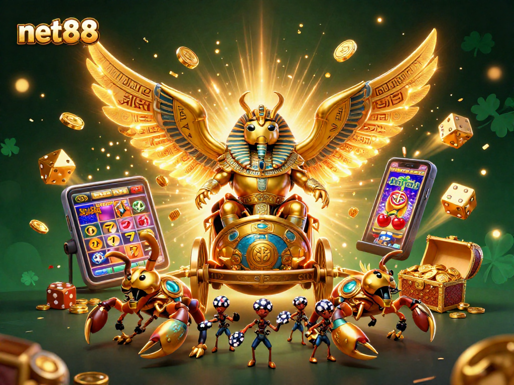 Engage in thrilling games at net88 with a rich casino scene featuring animated slot and jackpot elements.