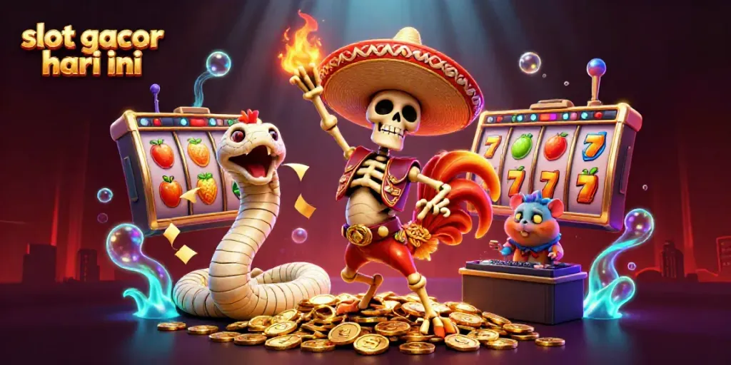 Celebrate big wins with slot gacor hari ini, featuring vibrant characters dancing among slot reels and golden coins.