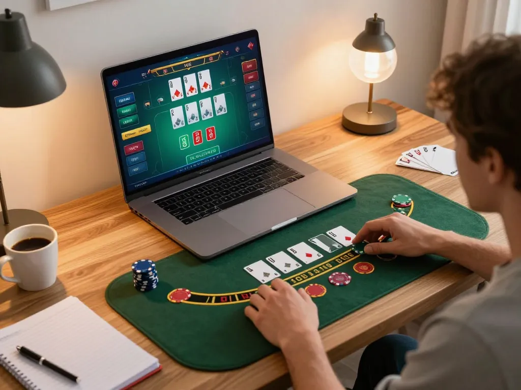Engaged player using mb88 com for live blackjack on laptop in cozy office