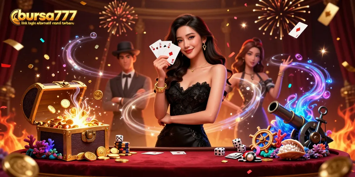 Experience thrilling victories at bursa777 link login alternatif resmi terbaru with stunning 3D casino illustration showcasing playing cards and gold coins.