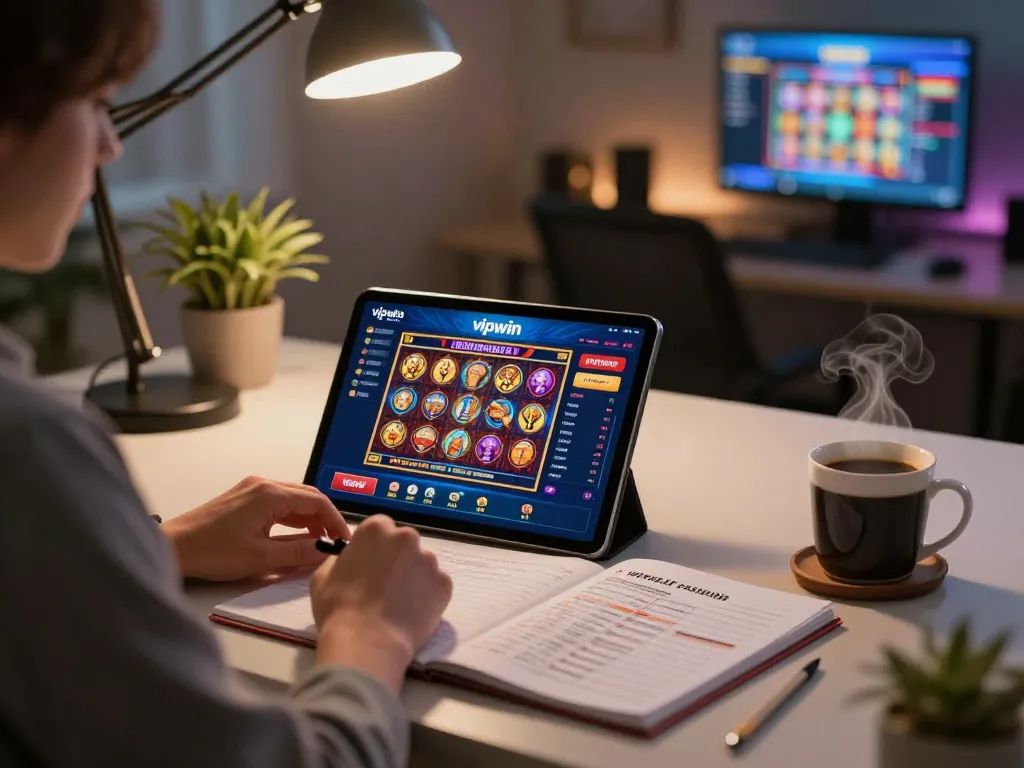 Engaging with the vipwin app on a tablet at home, emphasizing online gaming strategy.