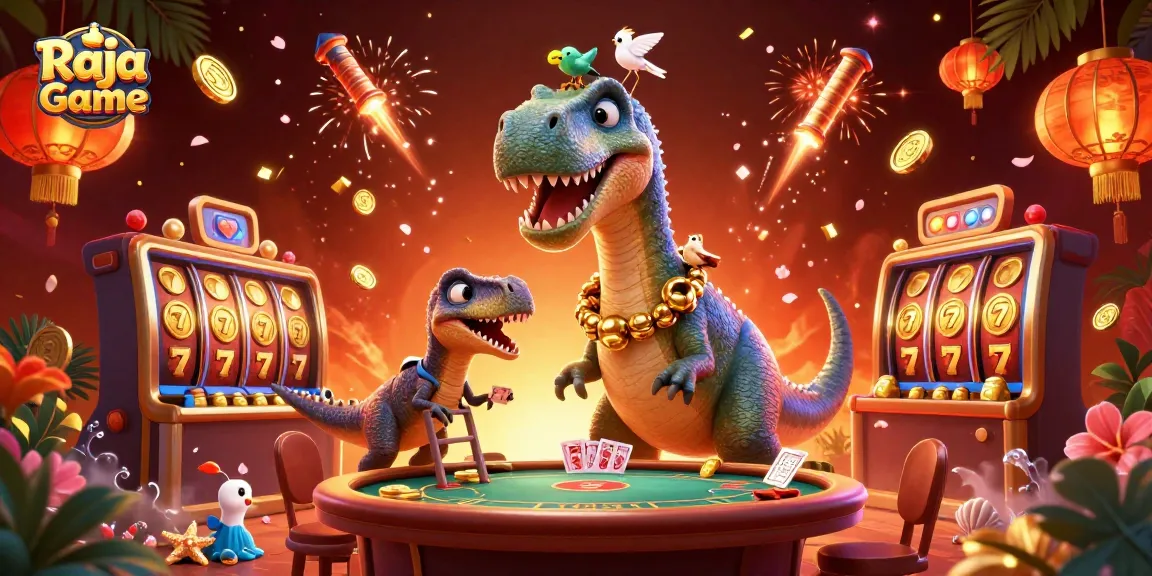 Experience the excitement of Raja Game with vibrant slot reels and dynamic characters in a captivating casino scene.