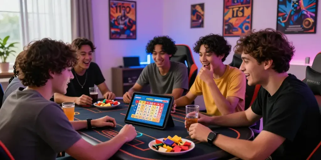 Friends enjoying TOGEL ONLINE lottery numbers, excitement and snacks in vibrant setting.