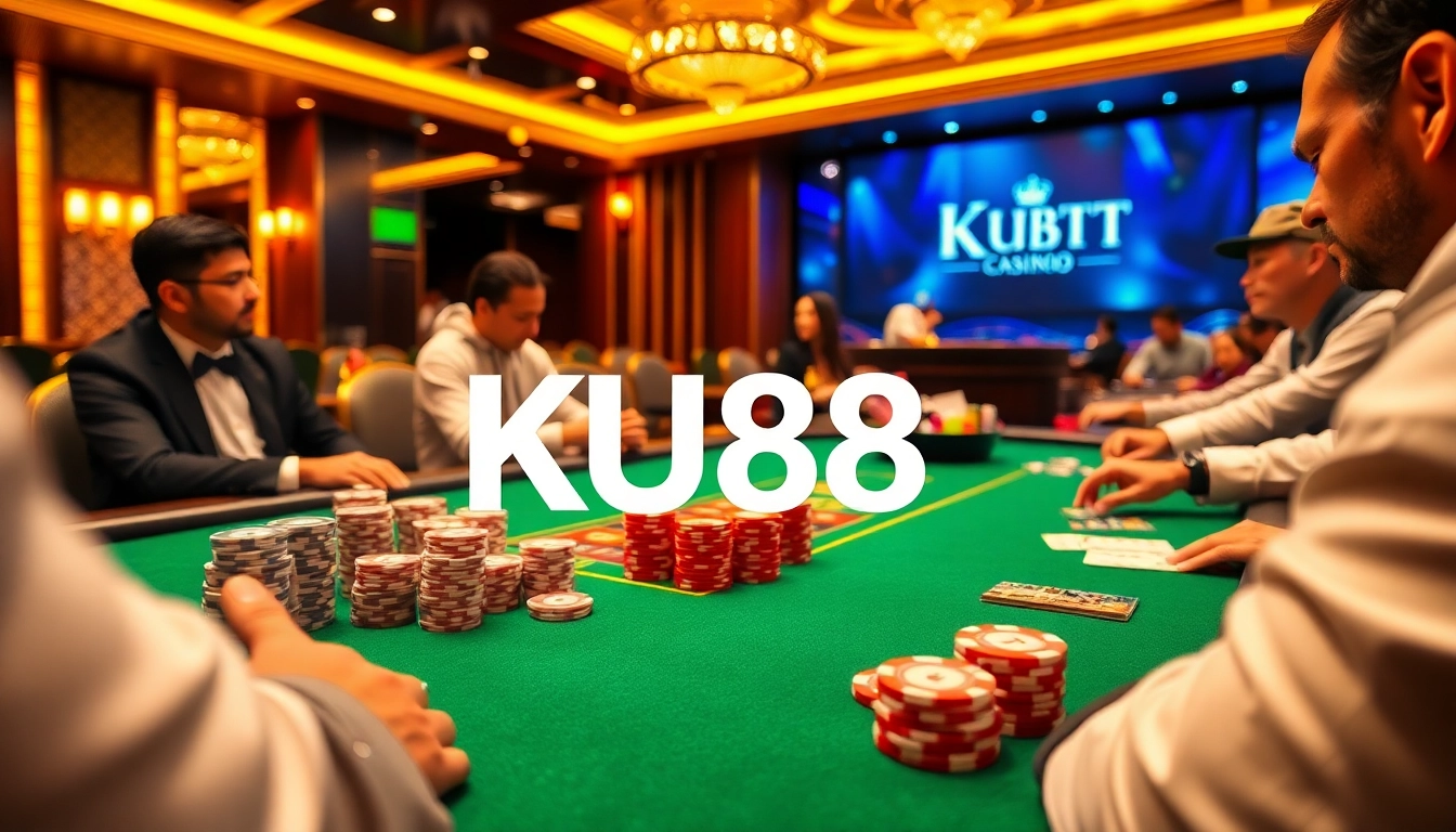 Players enjoying an engaging game at KU88 Casino’s luxurious poker table, showcasing high-stakes excitement.