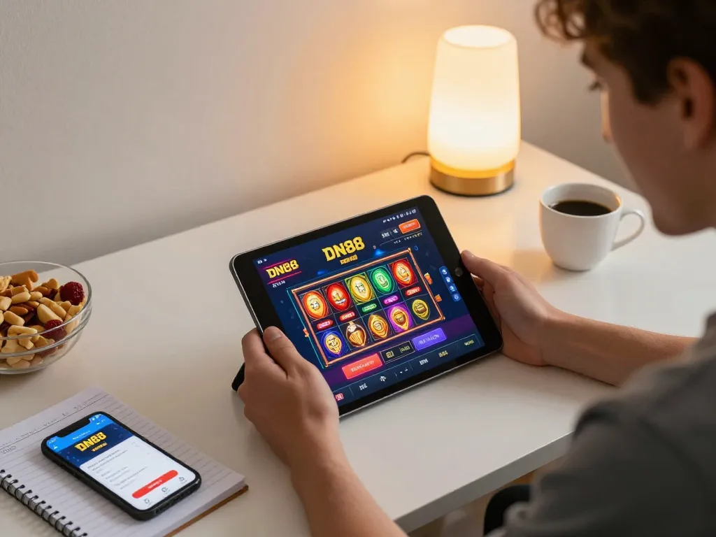 Player engaging with DN88 online casino app on tablet, enhancing gaming experience with strategic betting
