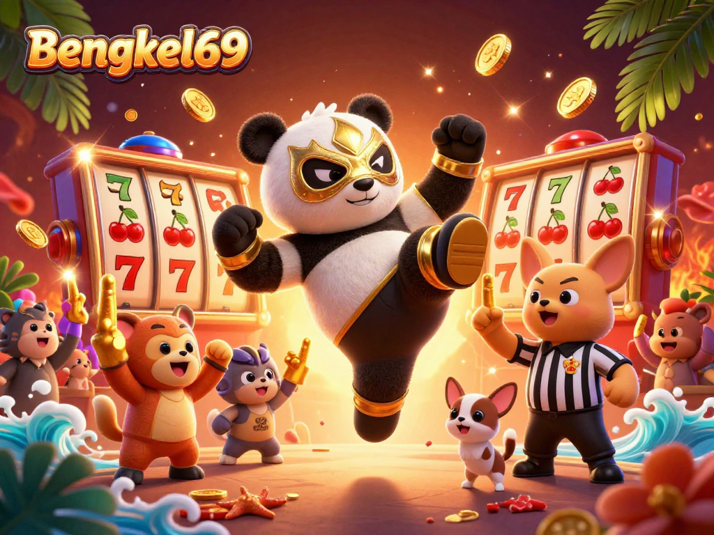 Bengkel69 features exciting 3D digital art of a wrestling panda in a casino scene celebrating with spectators.